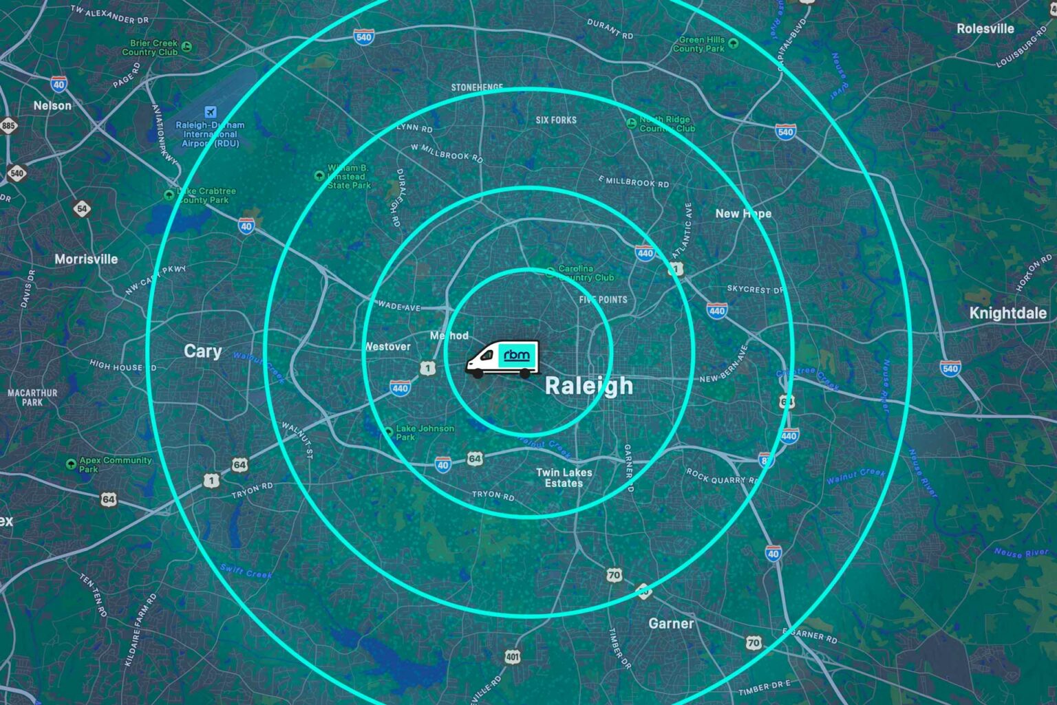 A map of the area we cover with our subscription advertising solution. Covering the Raleigh and Cary areas of North Carolina.